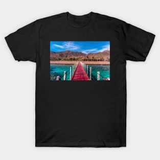 Beach bridge with colorful desert behind. Red sea Israel T-Shirt